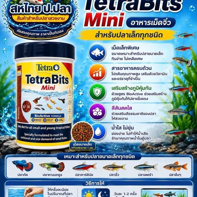 TetraBits Mini อาหารเม็ดจิ๋ว สำหรับปลาเล็กทุกชนิด เม็ดขนาดเล็กประมาณ 1 มม. เหมาะกับปลาปากเล็กและปลาวัยอ่อน