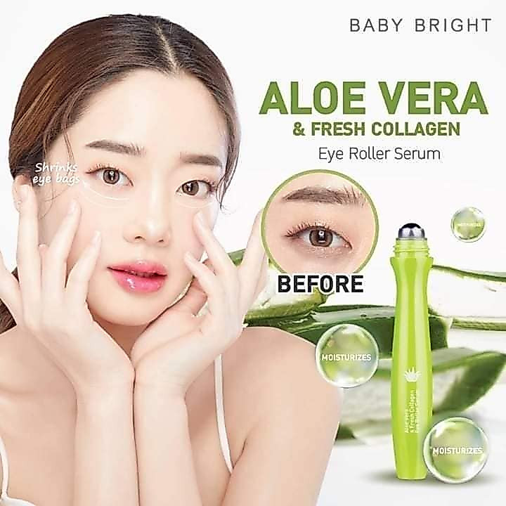 "ลูกกลิ้งบำรุงใต้ตา "【สูตรว่านหางจระเข้】Aloe Vera & Fresh Collagen Eye Roller Serum 15g Baby Bright
