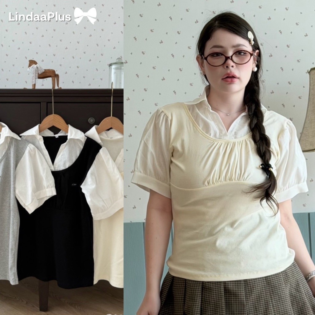 LindaaPlus-- เสื้อเชิ๊ต“𝑲𝒂𝒓𝒊𝒏𝒂”(คาริน่า) คอปก แต่งย่นอก เข้ารูป ดีเทลปักอะไหล่อก เนื้อผ้ายืดยูนิโคล่สลับกับผ้าลินินสีขาว