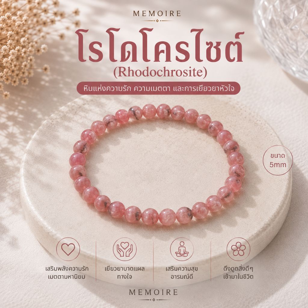 กำไลโรโดโครไซต์ (Rhodochrosite) หินธรรมชาติแท้ 5 มม. | เสริมความรัก เมตตา พลังบวก | MEMOIRE