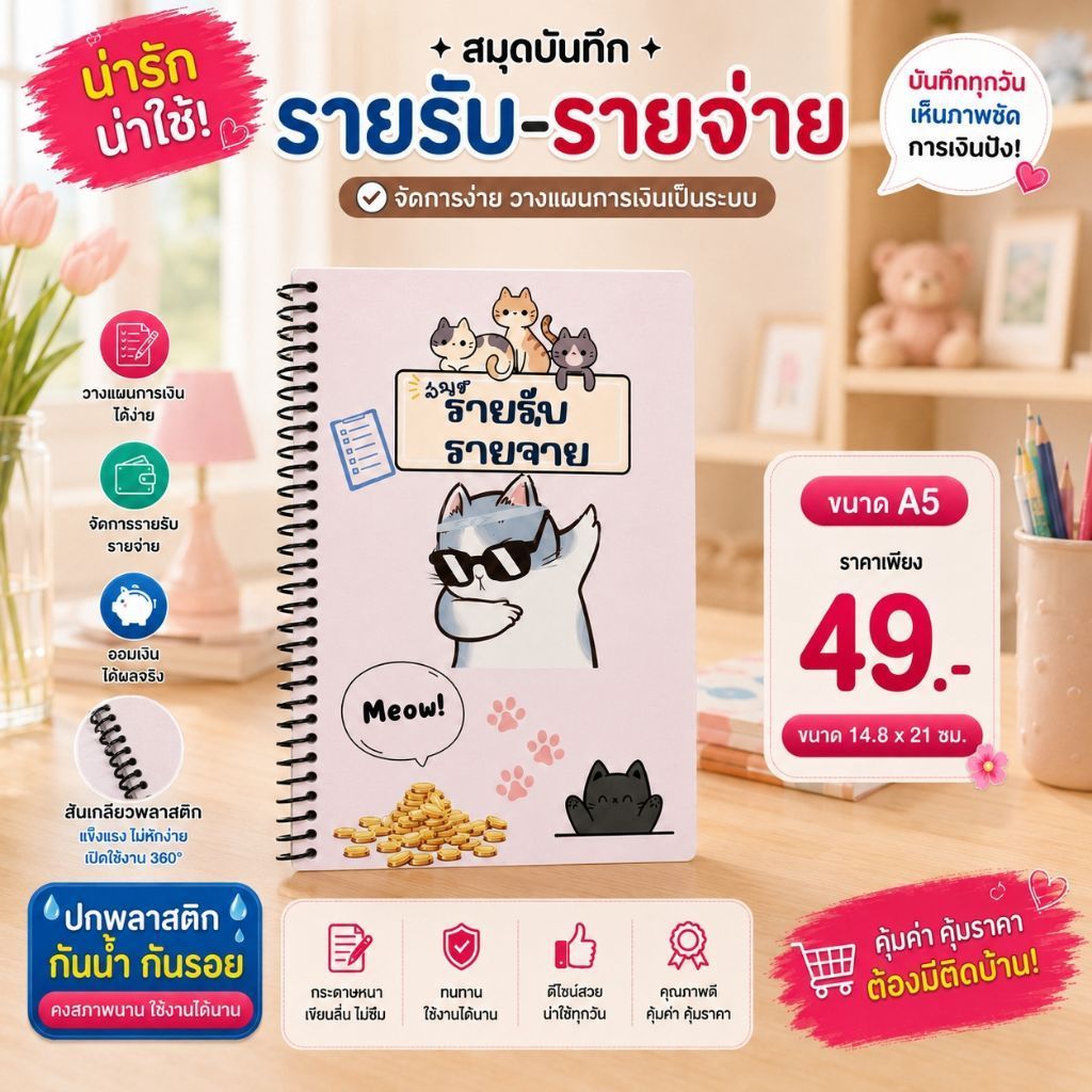สมุดบันทึกรายรับรายจ่าย สีทั้งเล่ม ขนาด A5 เข้าเล่มแบบสันเกลียว ปกกันน้ำ กันรอย หนา 180 แกรม รวม 42 หน้า  คุ้มค่า