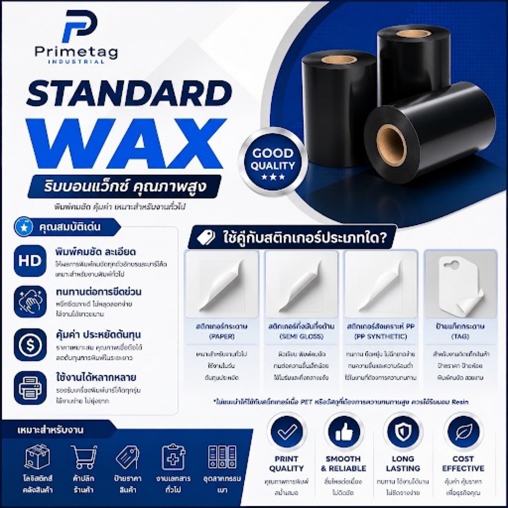 Ribbon Standard Wax 110x300m ริบบอน Wax 110mm x 300M หมึกพิมพ์บาร์โค้ด Label Printer