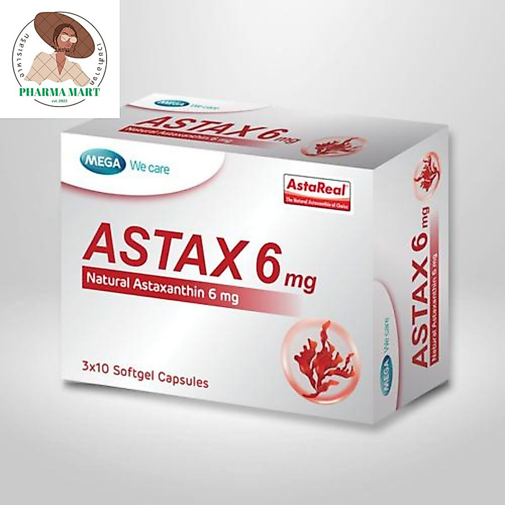Mega ASTAX 6 mg แอสแทกซ์ 6 มก.   ขนาดบรรจุ : 3x10 softgel Capsules ช่วยค้านอนุมูลอิสระ+++