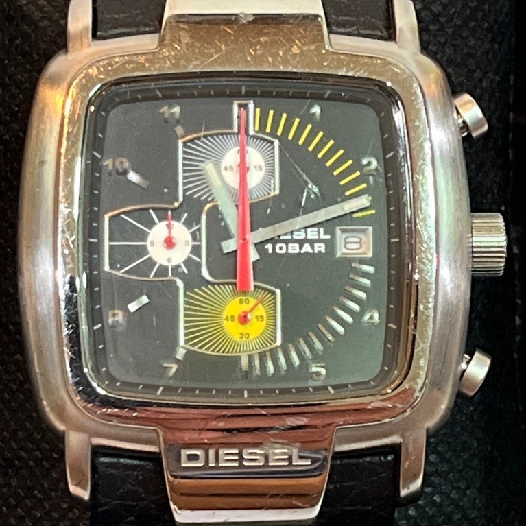 นาฬิกา Diesel DZ4028 chronograph square case black dial black leather strap มือสองแท้ญี่ปุ่น 100% (ส