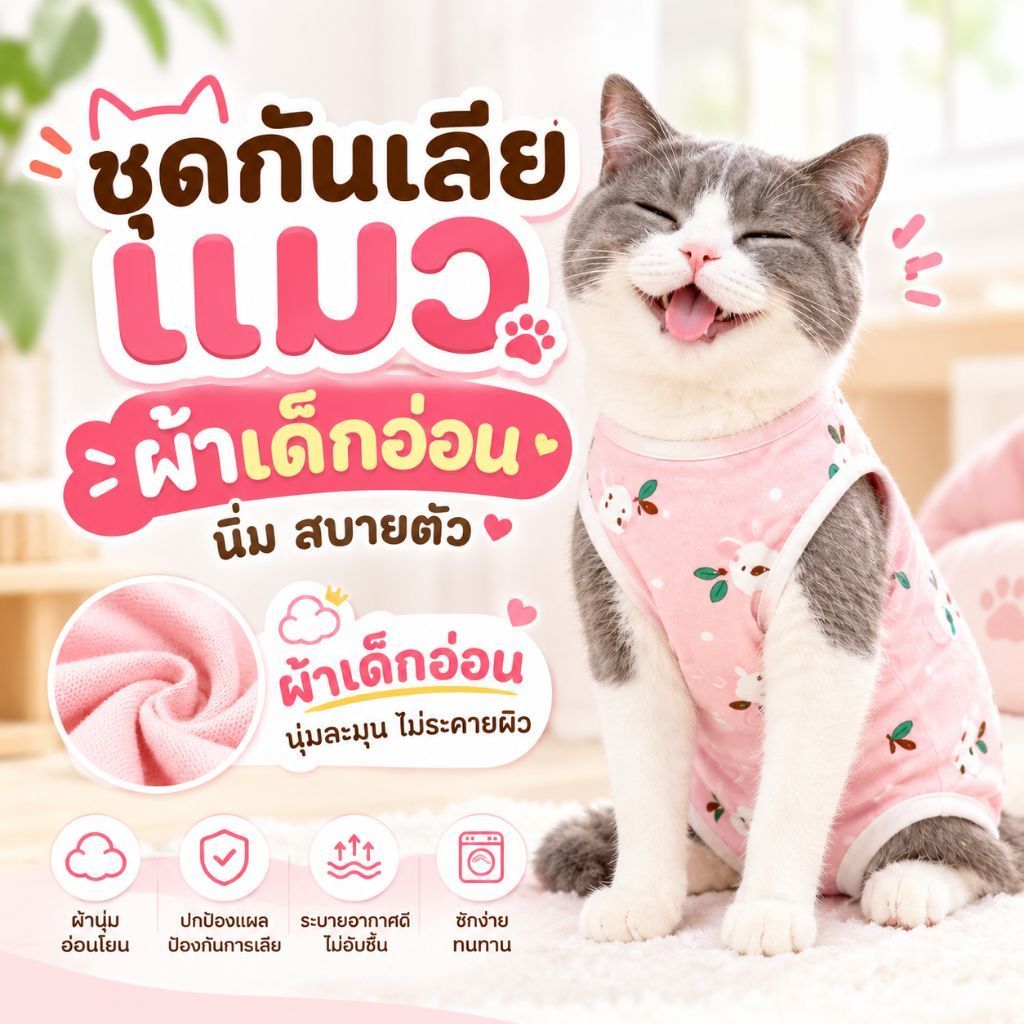 ชุดแมวกันเลีย ผ้าเด็กอ่อน เสื้อผ้าใส่หลังผ่าตัด ทำหมันแมว ผ้านิ่มใส่สบาย