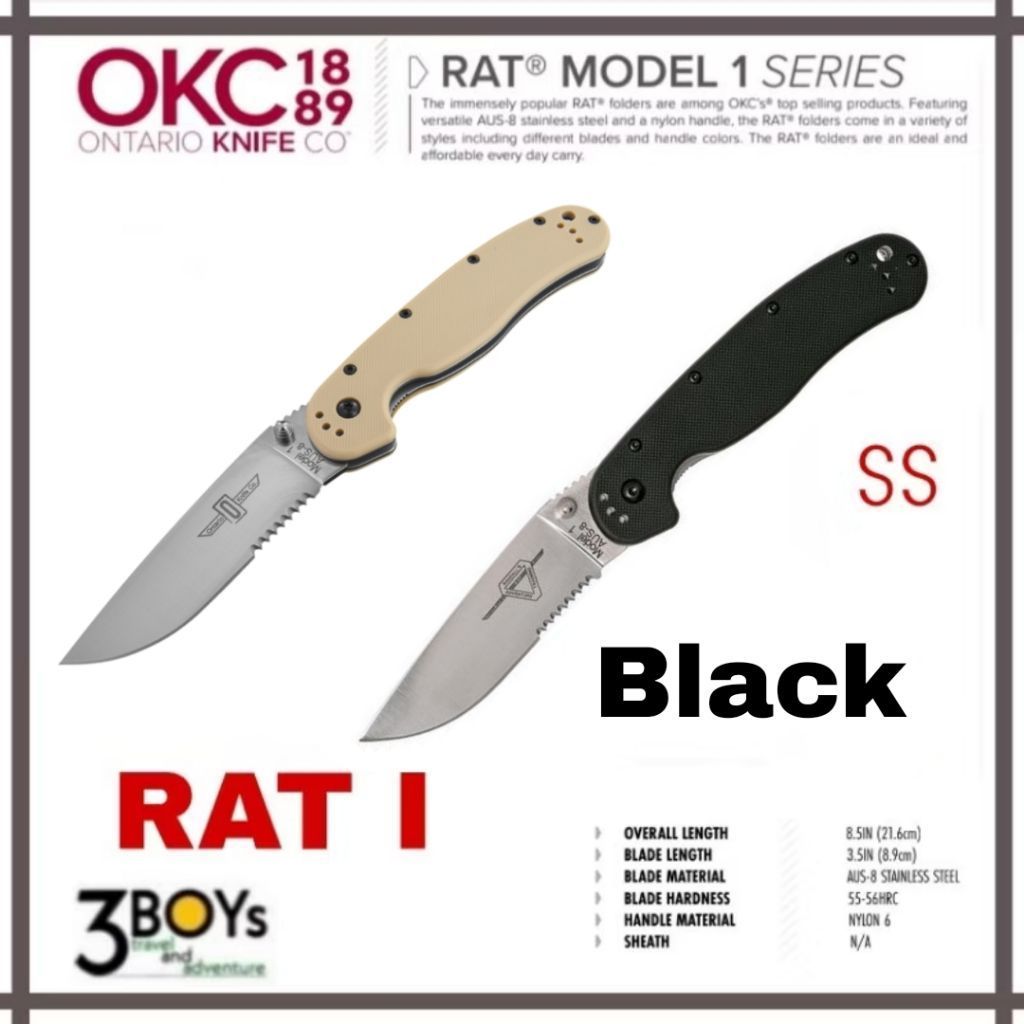 มีด ONTARIO แท้ รุ่น RAT 1 SS ใบมีดสีเงิน กึ่งหยัก  ขนาดใหญ่ AUS-8 หนา 2.9 mm. เปิดมือเดียว FRAME LO