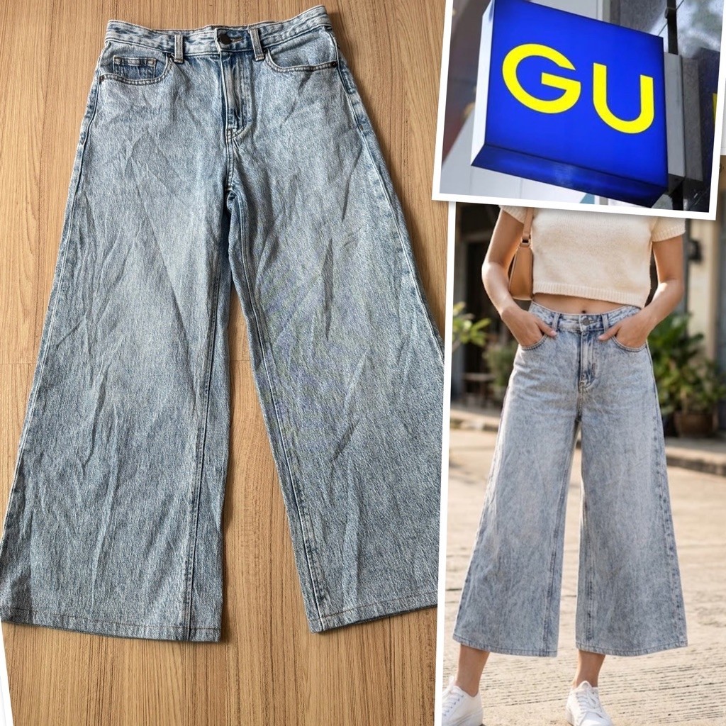 G-009#Gu💚กางเกงยีนส์ขาสามส่วนหรือสี่ส่วนเอวสูง✅ เอว 26 -27 นิ้วสีฟ้าฟอกทรงขาใหญ่/ขากว้าง