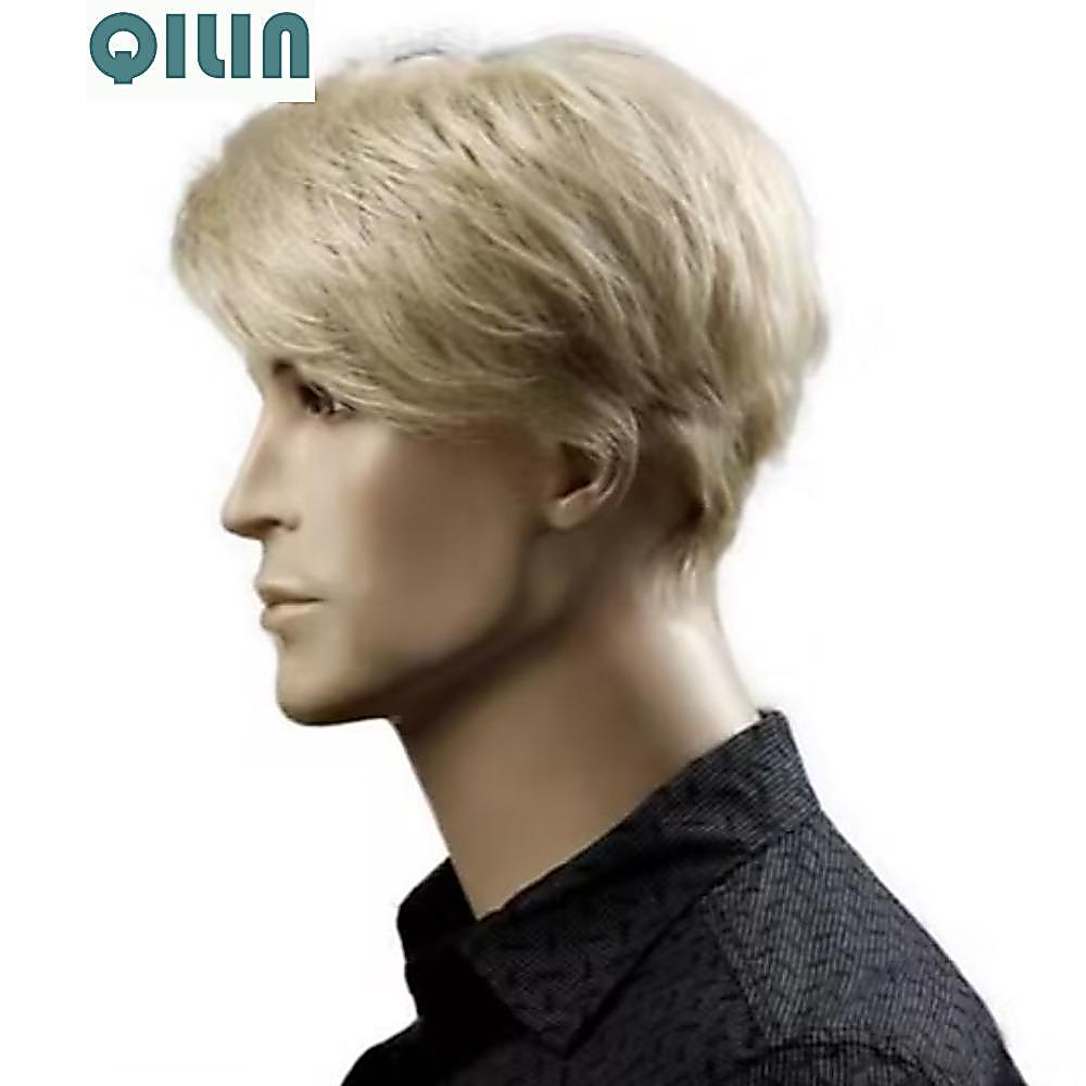 QILIN ผู้ชายวิกผมสีบลอนด์,ด้านข้าง Swept Bangs สังเคราะห์วิกผมสั้นตรง,เต็มหัว Breathable Layered ธรร