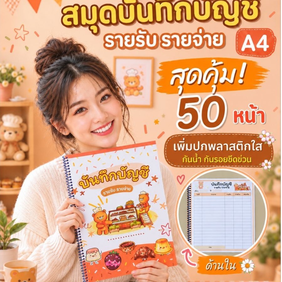 สมุดบันทึกรายรับรายจ่าย Handmade หนังสือทำมือ A4 50หน้า เขียนได้นาน เย็บสันเกลียว เพิ่มปกพลาสติก กันน้ำ กันรอย