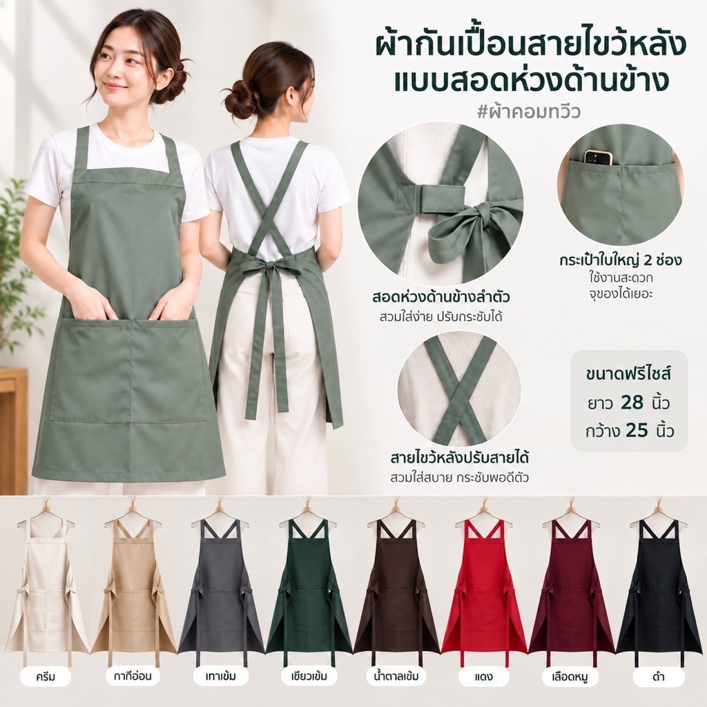 ผ้ากันเปื้อนสายไขว้หลังแบบสอดห่วงด้านข้าง #ผ้าคอมทวิว