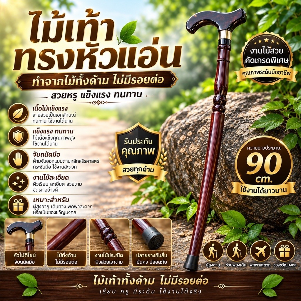 ไม้เท้าไม้ตะพด หัวนก คอเงิน สีดำ คละชื้น 1 ชิ้น
