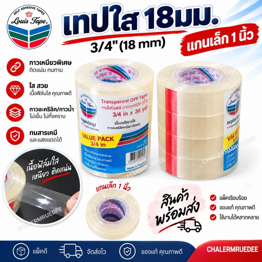แพ็ค4ม้วน เทปใส แกน1นิ้ว 18มม หรือ 3/4นิ้ว x 36หลา   LOUIS TAPE หลุยส์เทป