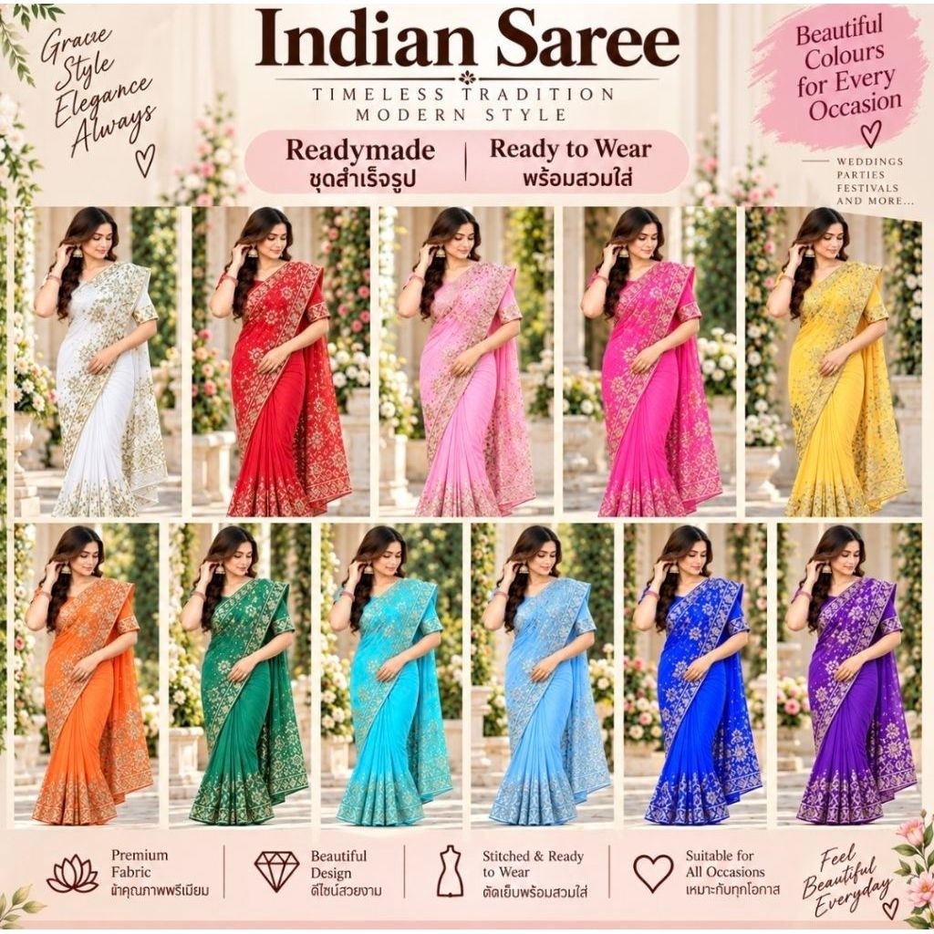 Indian Readymade Ready-to-Wear Saree Embroidered indian outfits ชุดสาหรีสำเร็จรูปปักลายสไตล์อินเดีย
