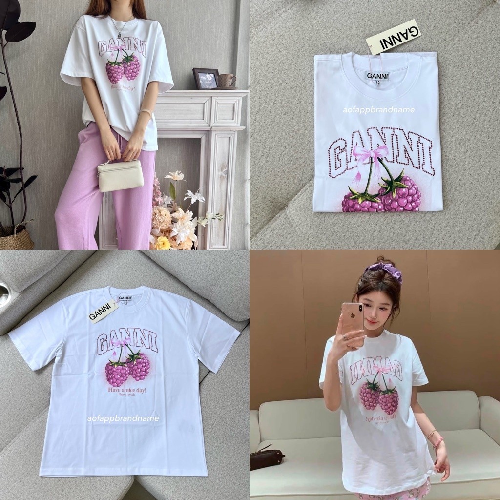 (มีโค้ดลดสูงสุด25%) พร้อมส่ง ของแท้ 💯 Ganni Heavy Jersey Raspberry Tee T-shirt โลโก้ปักคริสตัลตรง Ga