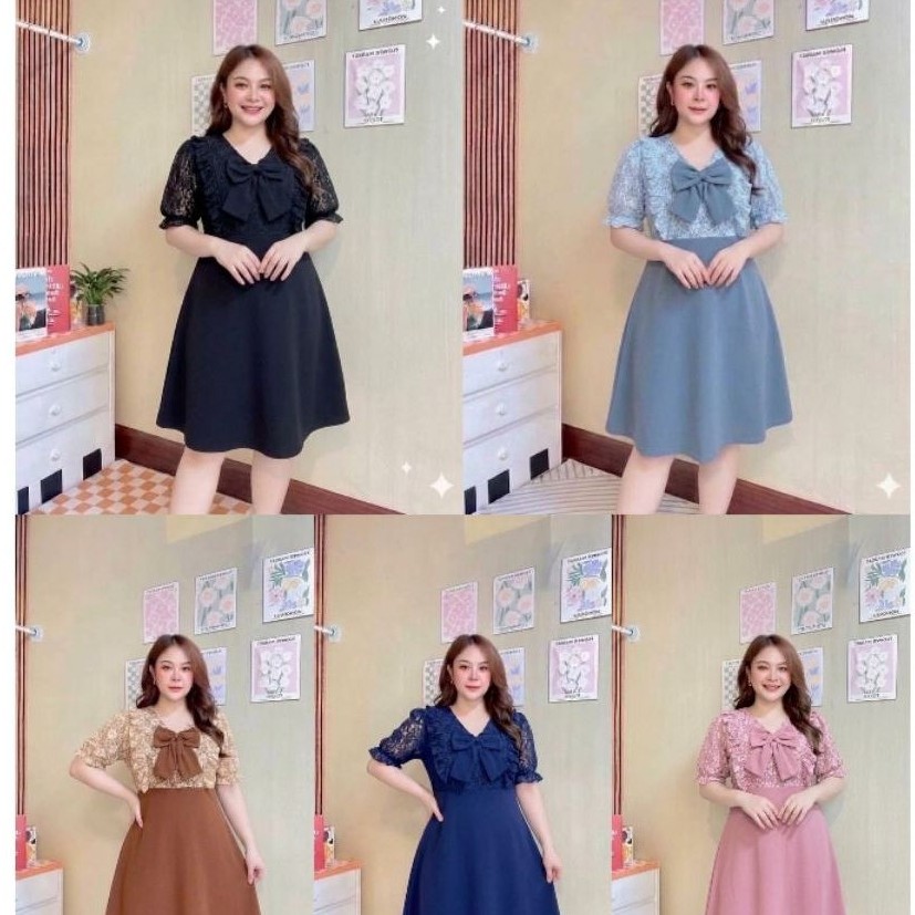 ชุดเดรสผ้ายืดวูลเวฟแต่งผ้าลูกไม้เดียวกับสีชุด ระบายที่อกโบว์ แขนเสื้อเป็นผ้าลูกไม้ค่ะ มีสายผูกข้างนะคะ  รอบอก 40-48 นิ้ว