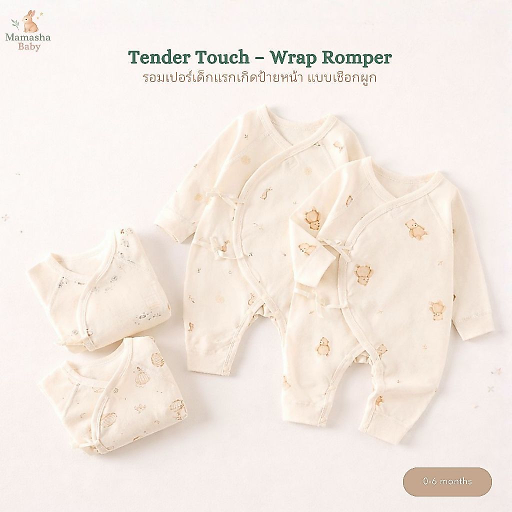 [Mamasha] ชุดรอมเปอร์เด็กแรกเกิด ป้ายหน้า แบบเชือกผูก รุ่น Tender Touch บอดี้สูทเด็กแรกเกิดแขนขายาว