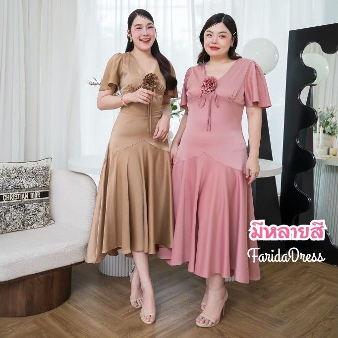 ชุดไปงานแต่งงาน ชุดเดรส ชุดราตรี TP051 ผ้าเครปซาติน เดรสยาว แขนสั้น กระโปรงยาว ดอกไม้ Woman Dress ผู้หญิง
