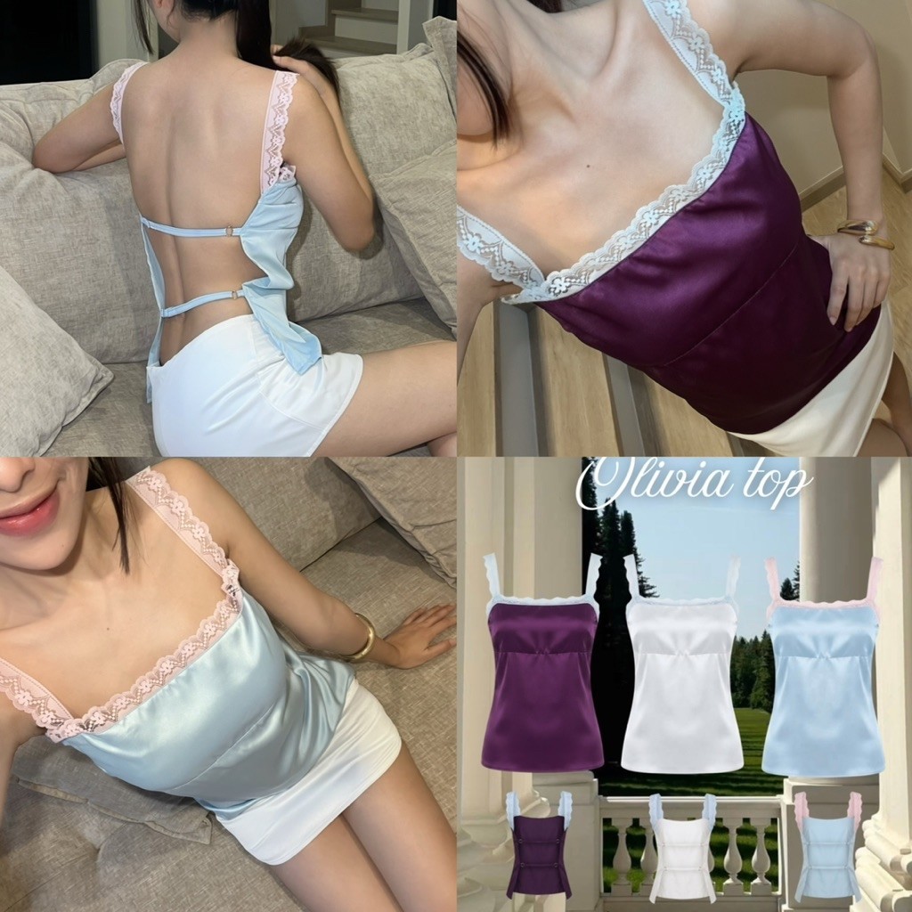 Olivia top เสื้อสายเดี่ยวลูกไม้ ปักลูกไม้เลื่อม ผูกโบว์ด้านหลัง