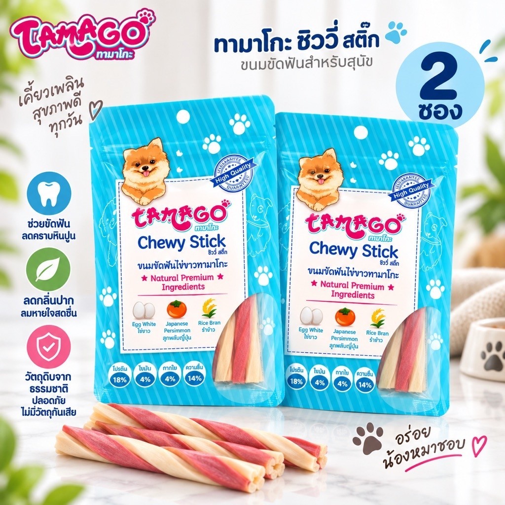 Tamago Chewy Stick ขนมขัดฟันสุนัข ขนมสุนัข ขนมหมา  ทามาโกะ ชิววี่ สติ๊ก 2 ซอง