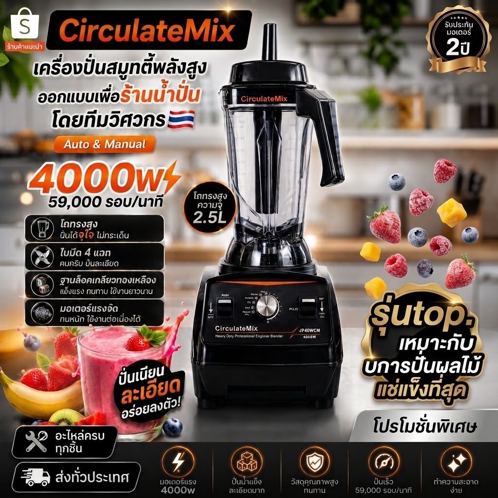 🥇เครื่องปั่นTopรุ่นฮอต🔥ขายดีสุด📦JP40WCM.มอเตอร์แรงสุดปั่นผลไม้แช่แข็งได้ดีสุดเครื่องปั่นเชิงพาณิชย์รองรับ100แก้ว+ต่อวัน