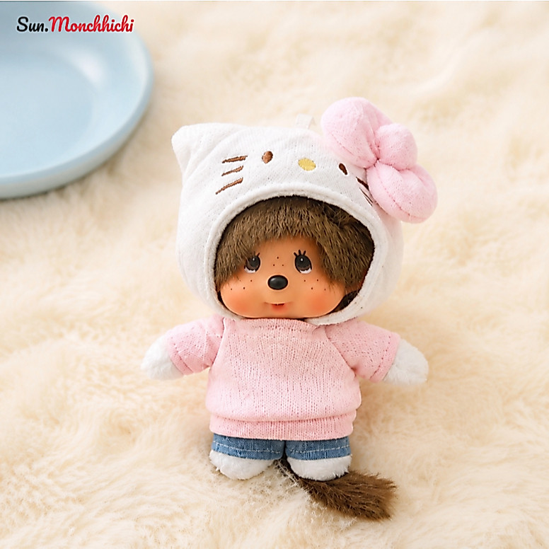 Monkikiki kt Cat เสื้อสเวตเตอร์มีฮู้ดสีชมพูนุ่มน่ารักตุ๊กตาพวงกุญแจ