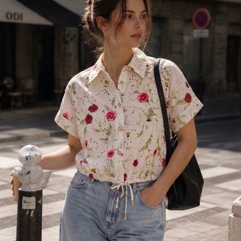 ZARA เสื้อเชิ้ตครอปแขนสั้น ลายดอกไม้ ผ้าฉลุ FLORAL PRINT CROP SHIRT WITH CLASSIC COLLAR AND SHORT SLEEVES (A2202)