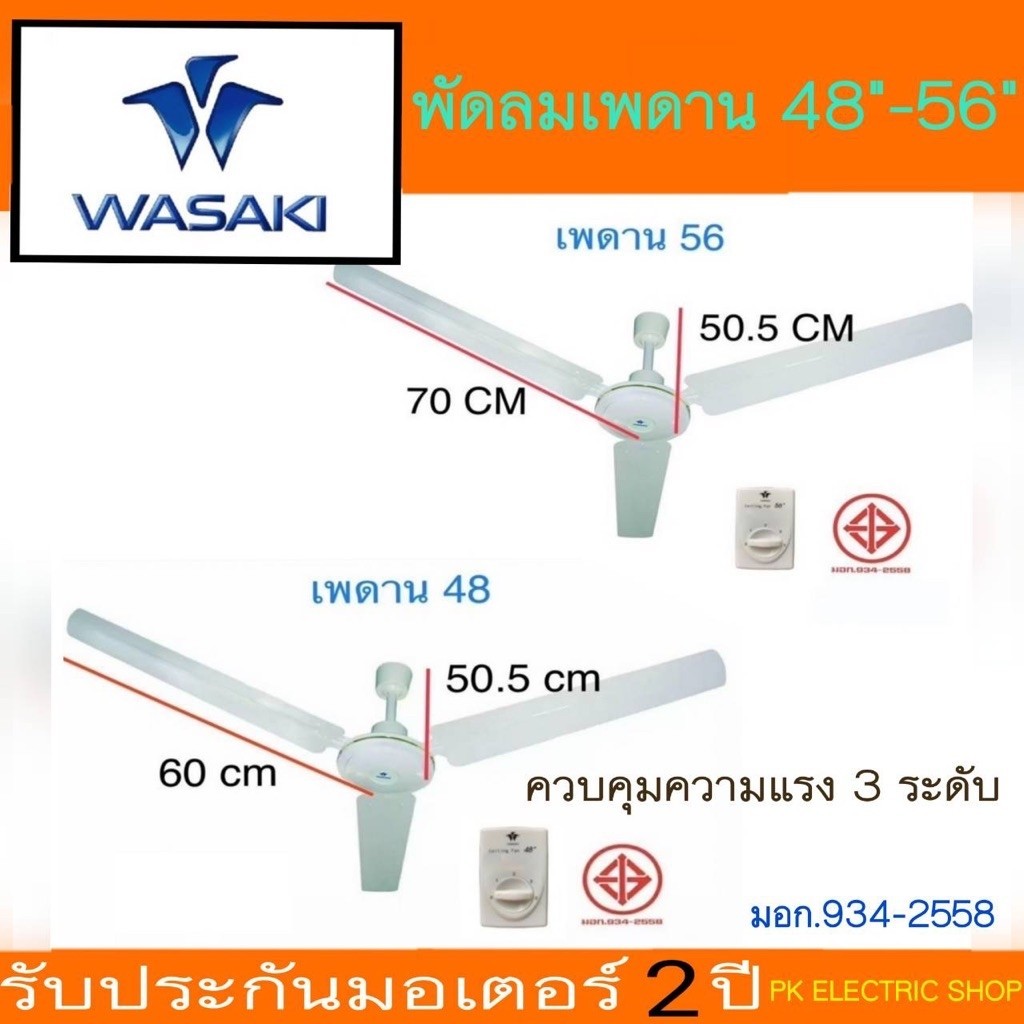 WASAKI วาซากิ พัดลมเพดาน ขนาด 56"- 48" สีขาว ลมแรง เสียงเงียบ ทนทาน ( ผลิตในไทย) รับประกันศูนย์ 2 ปี