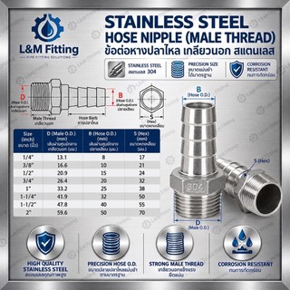 หางปลาไหล  สแตนเลส 304 เกลียวนอก ขนาด 1/4''-1'' นิ้ว( Stainless Hose Nipple )