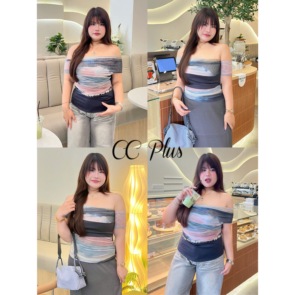 CiCi Plus+(H8863-2)เสื้อปาดไหล่สีมัดย้อมพรางหุ่นใส่จั้มช่วงรอบข้างตัวเหมาะสำหรับสาวพลัสไซส์เสื้อที่ตัวแม่เลือกใส่กัน
