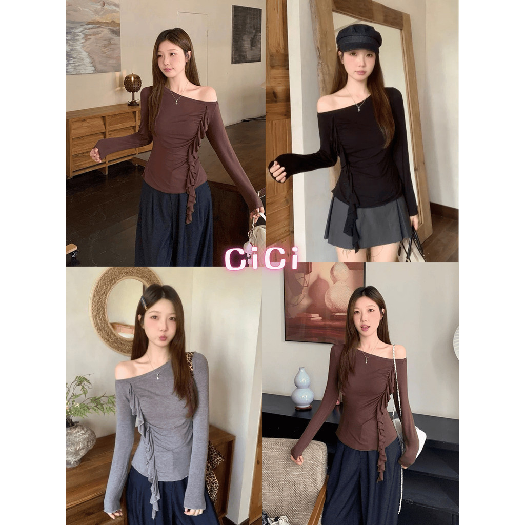 ส่งทันทีCici(NO. H88108) เสื้อยืดปาดไหล่เฉียงสีพื้น ดีเทลแต่งระบายด้านหน้าแบบใหม่ไม่ซ้ำใคร ทันสมัยเนื้อผ้านิ่ม