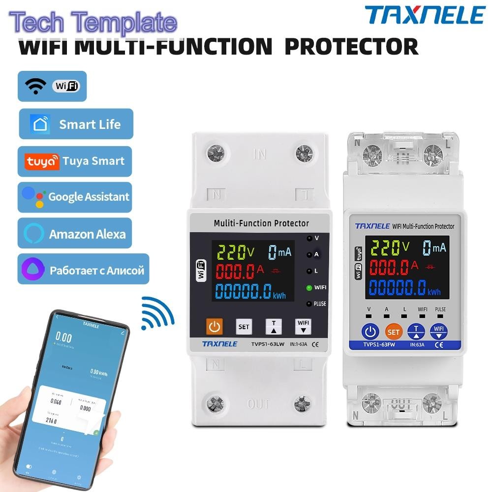 Taxnele 63A TUYA WiFi Smart Earth Leakage Voltage Protector Circuit Breaker Energy Power kWh Meter