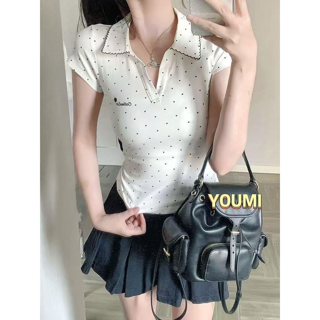 พร้อมส่งจากกทม ปักเเสื้อยืดแขนสั้นคอปก เสื้อเชิ้ตแขนสั้น ลายจุด มินิมอล สไตล์เกาหลี ผ้านิ่ม ใส่บาย🍒YOUMI
