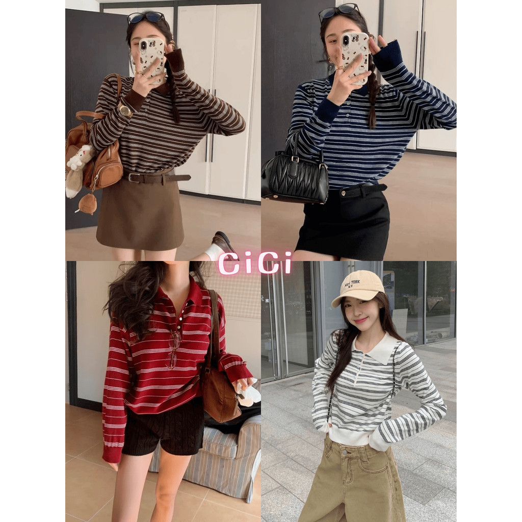 ส่งทันทีCici(NO. M2466) เสื้อคอปกโปโลแขนยาวลายทาง สีพื้น ผ้าใส่สบายกระดุมใช้งานได้จริง แมทช์ได้ง่ายสไตล์อเมริกัน