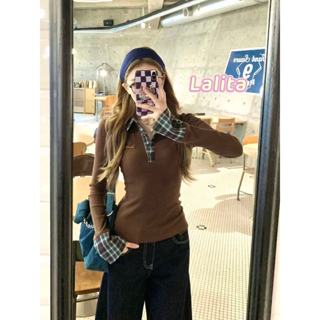 ส่งจากไทยทุกวัน 2สี เสื้อยืดผู้หญิง แขนยาว สไตล์ย้อนยุคแบบอเ…