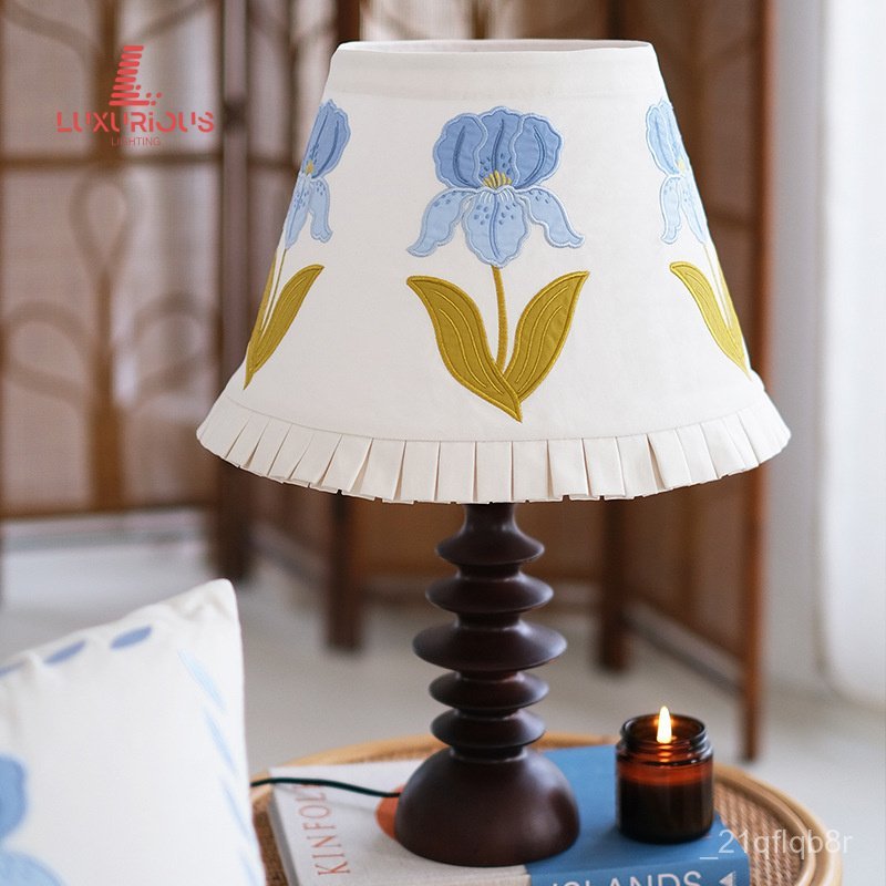 Iris Embroidered Table Lamp Shade French Country Retro Style American Bedroom Table Lamp Shade Decor