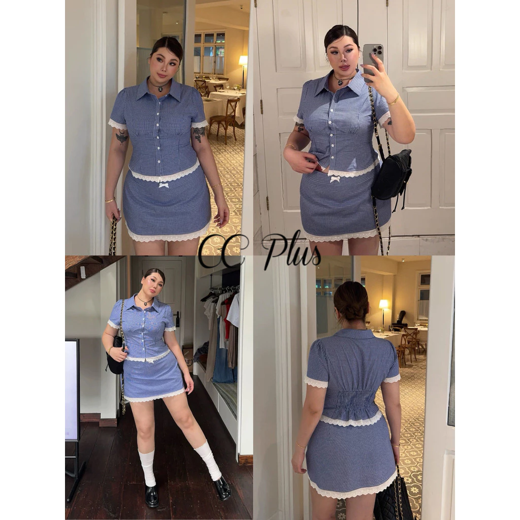 CiCi Plus+(3389)Set2ชิ้นสีน้ำเงินลายสก็อตเสื้อแขนสั้นสม็อคหลังที่เอว+กระโปรงสั้นมีซับในเอวยางยืดปักโบวเล็กน่ารักพลัสไซส์
