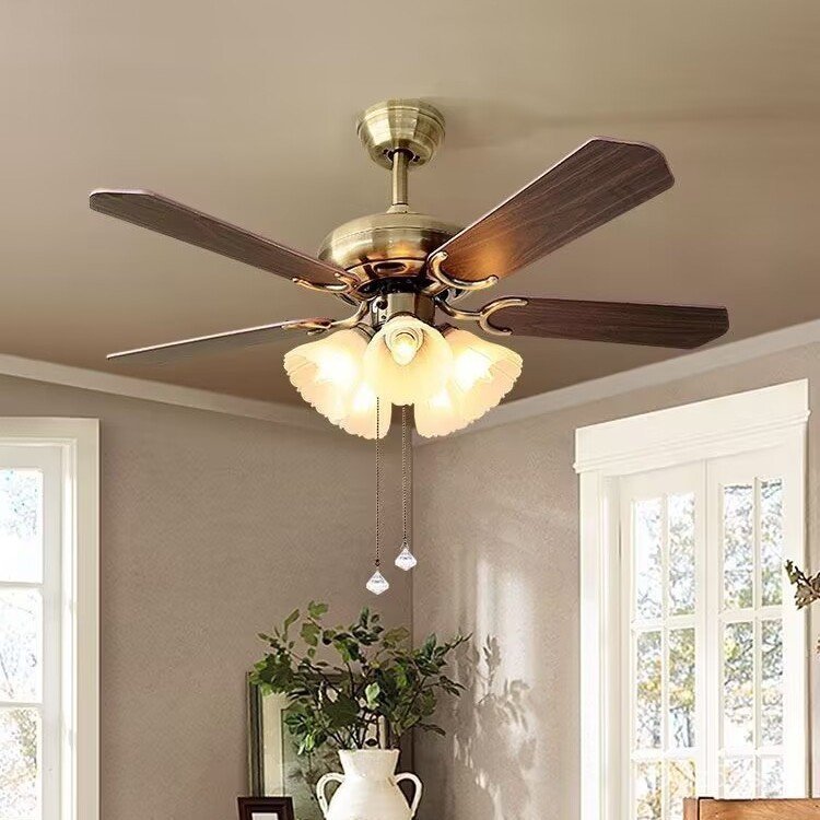 American Retro Ceiling Fan Light Living Room Ceiling Dining Room Glass Ceiling Fan Light Wooden Fan 