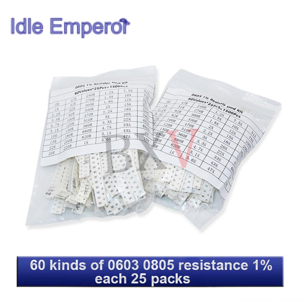 Smd 0603 0805 1500 ชิ้น/เซ็ตตัวต้านทานชุดสารพัน (60 ค่า X 25 ชิ้น) 0R-10M Ohm 1% ชุดต้านทานชิปฟิล์มค