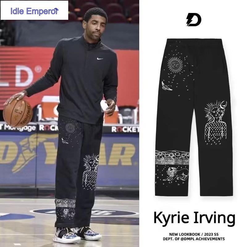 ใหม่กางเกงบาสเก็ตบอลลําลอง ผ้าฝ้าย ขากว้าง ทรงหลวม พิมพ์ลายหมึก Kyrie Irving สไตล์ฮิปฮอป สีดํา สีขาว