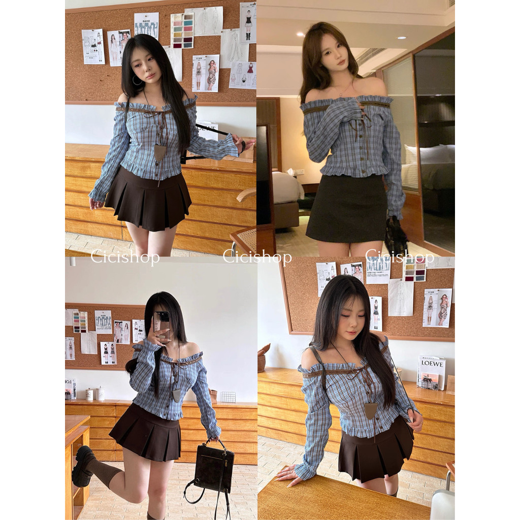 Cicishop(J2291) เสื้อปาดไหล่แขนยาวลายสก็อตแต่งระบายด้านหลังเป็นสม็อคดีเทลเชือกผูกด้านหน้ากระดุมใช้งานได้จริง ฤดูใบไม้ผลิ