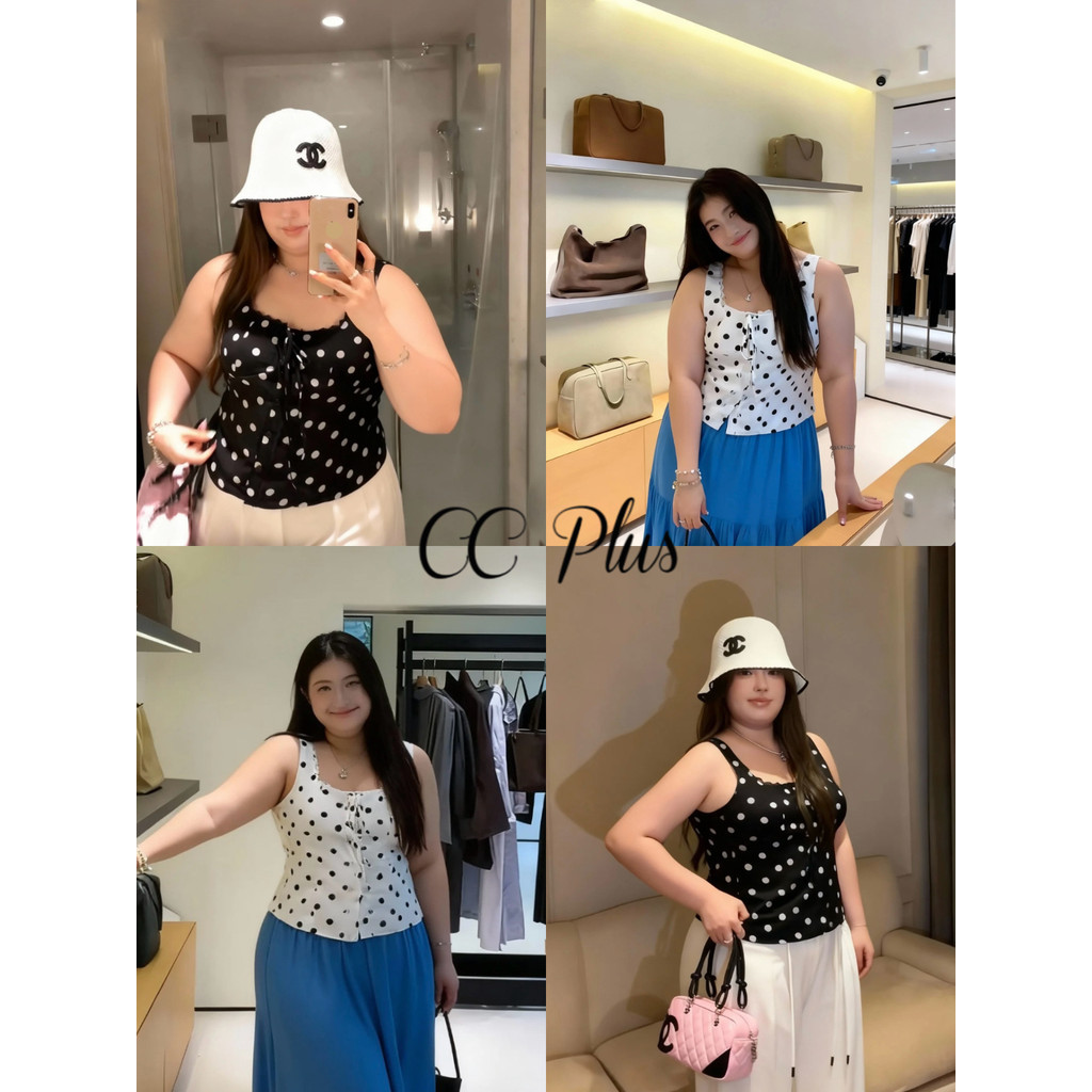 CiCi Plus+(3386-1) เสื้อสายเดี่ยวแต่งลูกไม้มีผูกโบว์เล็กๆกระดุมสามารถใช้งานได้จริง เหมาะสำหรับสาวพลัสไซส์ สาวหวานๆเท่ห์ๆ