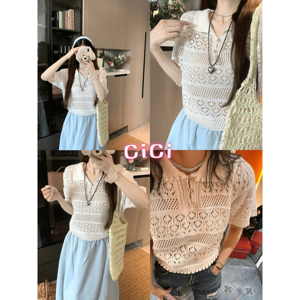ส่งทันที Cici(NO. 56511) เสื้อแขนสั้นไหมพรมถัก กระดุมทอง แต่งลูกไม้ลายฉลุทรงหลวม แฟชั่นสไตล์โบฮีเมี่ยน