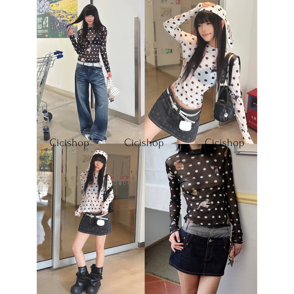 Cicishop(W7522) เสื้อซีทรูตาข่ายแขนยาว พิมพ์ลายPolka dot กับสัตว์น่ารักๆ งานฮิตมากแฟชั่นสไตล์เรโทร