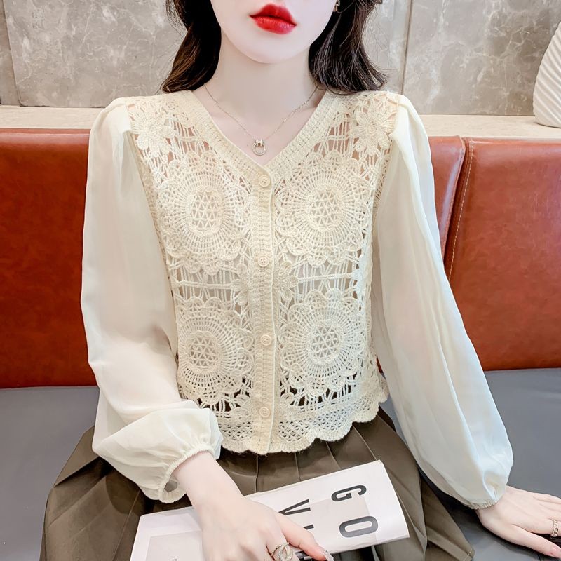 เสื้อเบลาส์ แขนยาว คอวี ผ้าชีฟองถัก สําหรับผู้หญิง