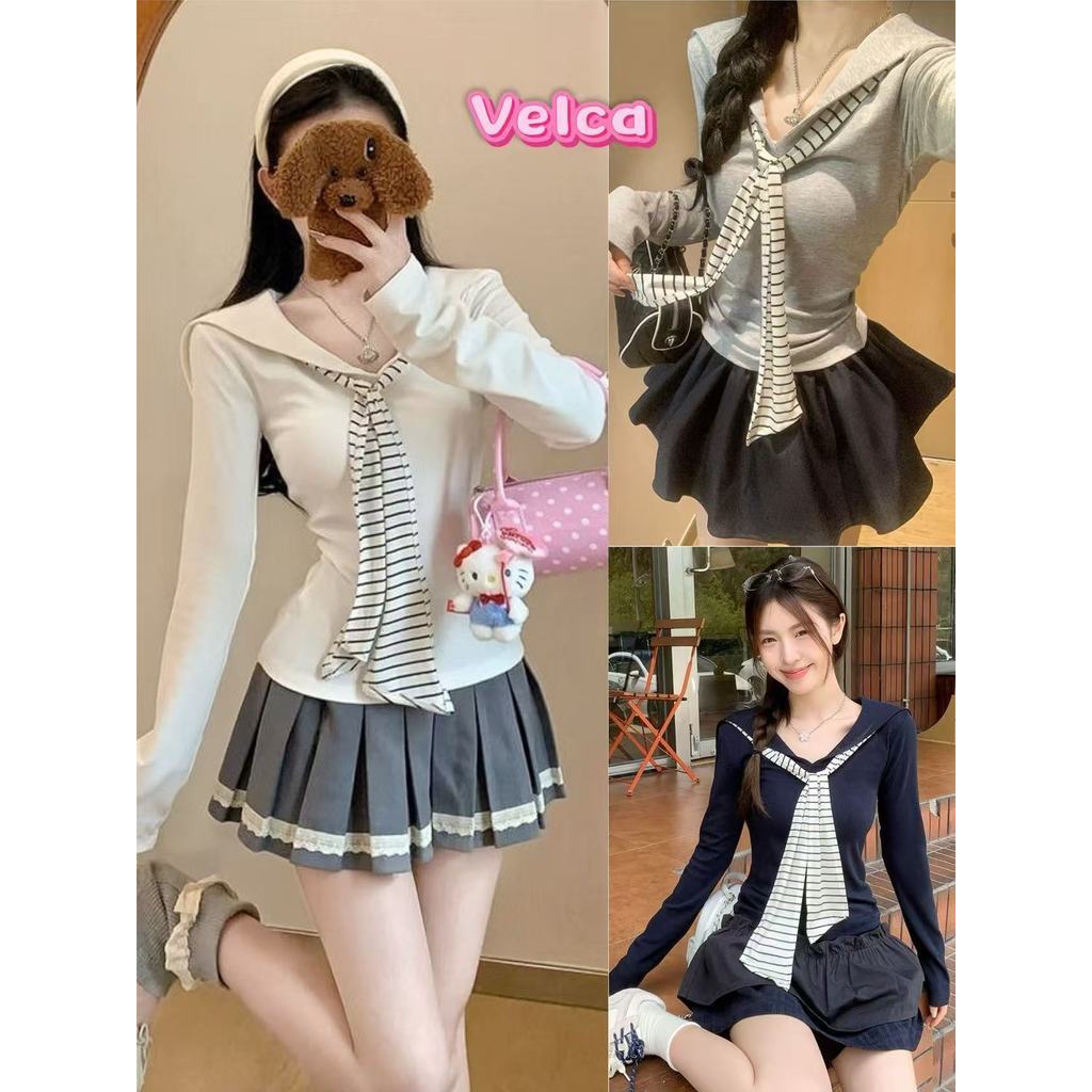 พร้อมส่ง เสื้อยืดแขนยาวผู้หญิง สีพื้น น่ารักๆ สไตล์เกาหลี ผ้ายืด นุ่ม มีสีให้เลือกมากมาย🎀Velca