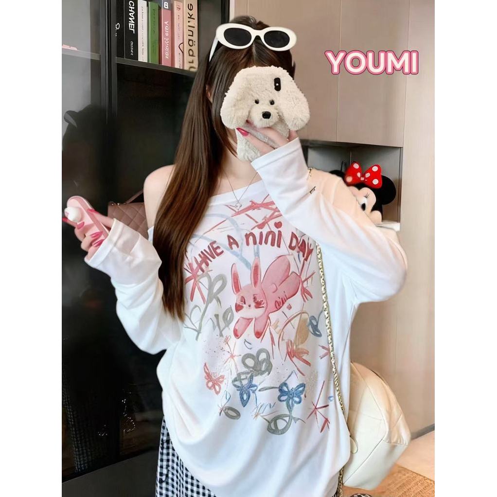 ส่งจากไทยทุกวัน เสื้อแขนยาว ปาดไหล่ ผู้หญิง พิมพ์ลาย ผ้าใส่สบาย ทรงหลวม เสื้อยืด ใส่สบาย🌸YOUMI