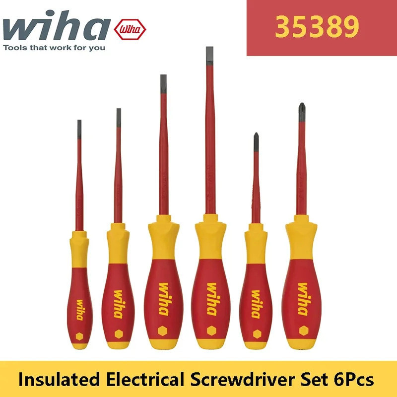 WIHA 35389 ไขควงหุ้มฉนวนชุด 6 ชิ้น Slotted Phillips ไขควง VDE Slim Bar ชุดไขควงช่างไฟฟ้า Wiha เครื่อ