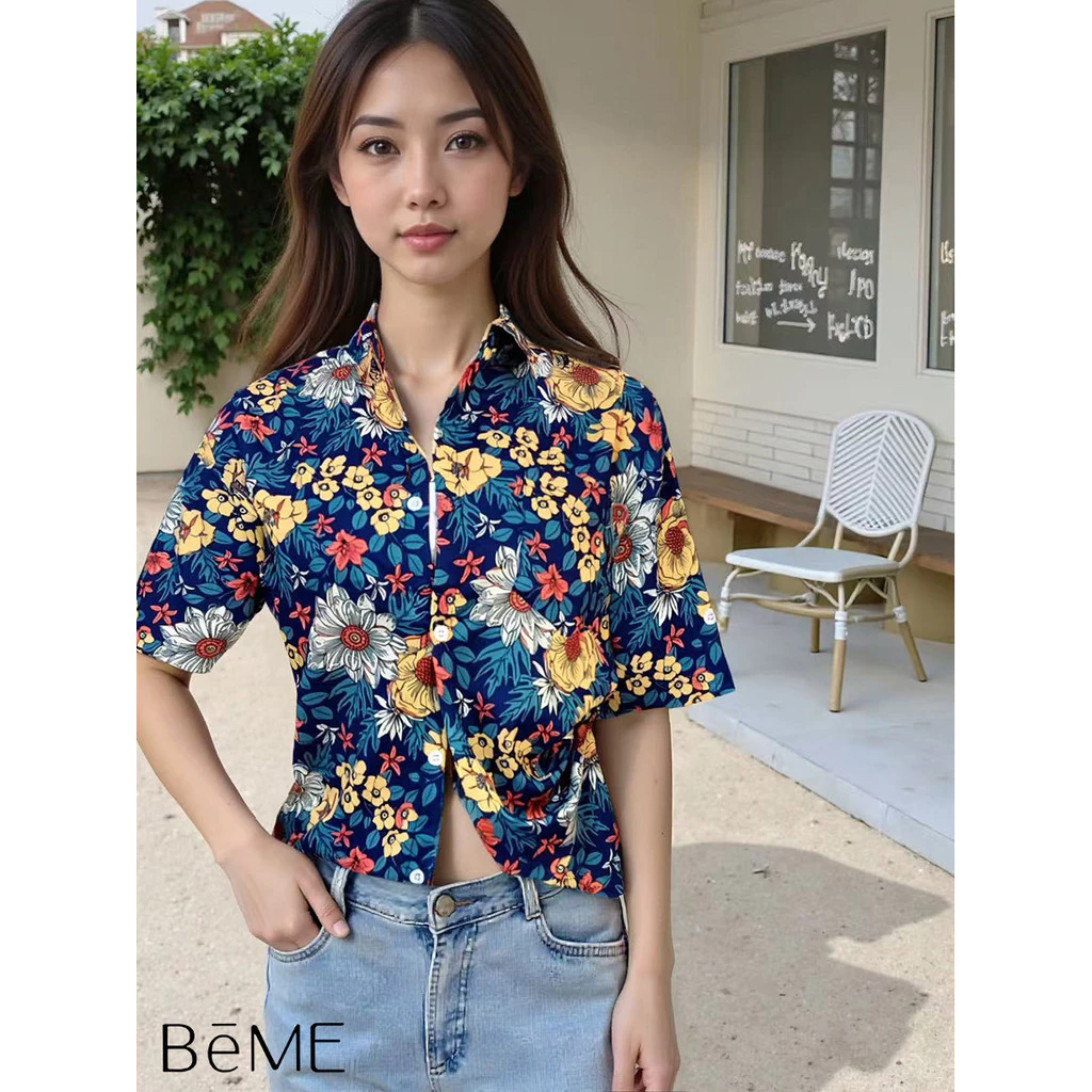 เสื้อเชิ้ตแขนสั้นลายดอกไม้ เสื้อทรงหลวม เสื้อแฟชั่นฤดูร้อน