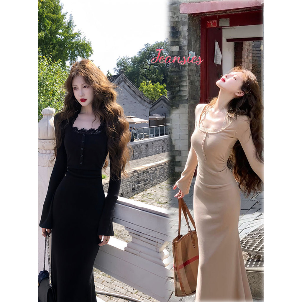 เดรสยาว สไตล์หรูหรา เดรสลายลูกไม้ คอเหลี่ยม ดีไซน์สาวสมัยใหม่
