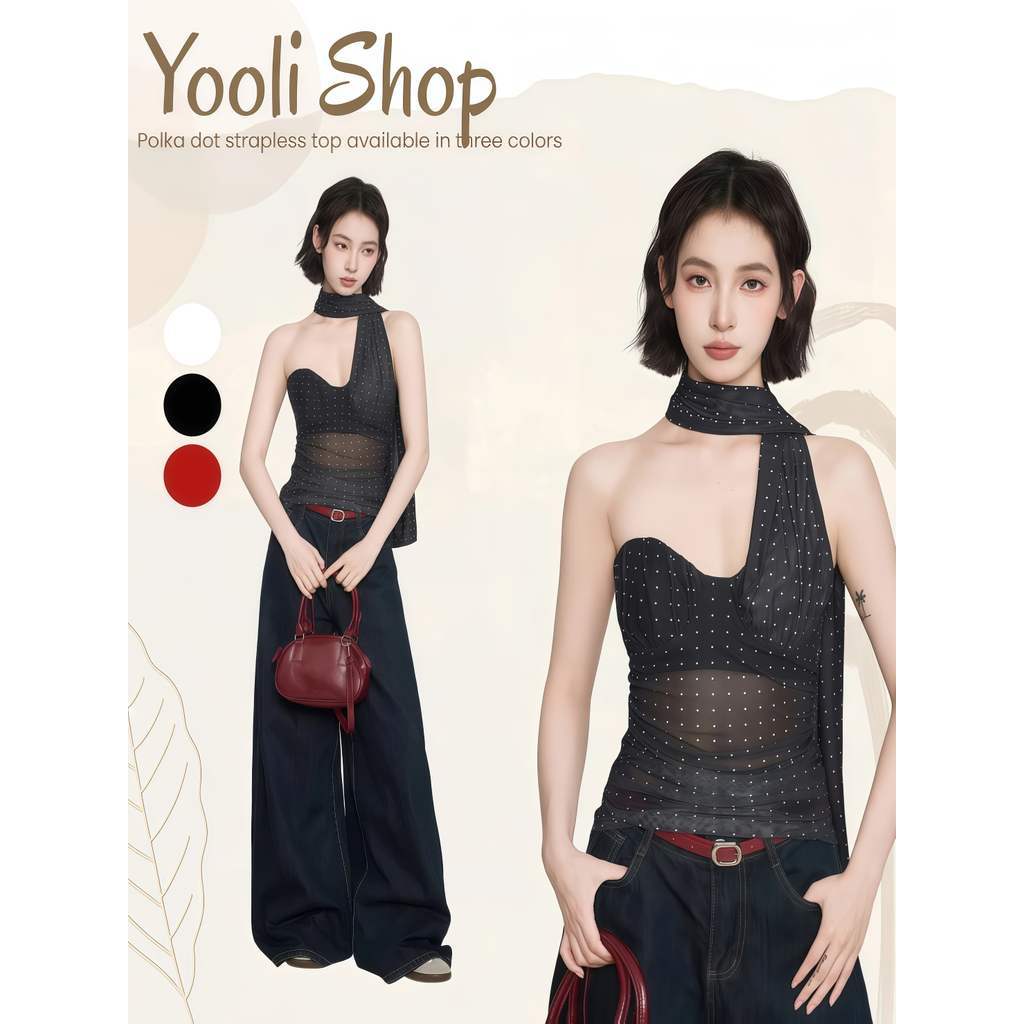 เสื้อเกาะอก เสริมฟองน้ำ ดีเทลเพิ่มสายคล้องคอ ลายจุด สีดำ สไตล์ฝรั่งเศสสุดเซ็กซี่ เสื้อผ้าผู้หญิง